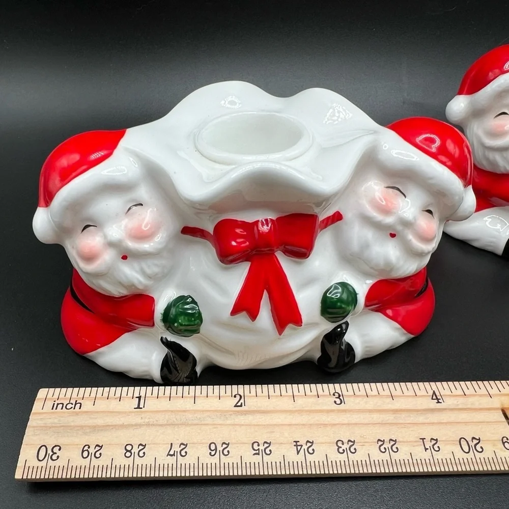 Vintage Ceramic Santas w/ Toy Bag Candleholder Pair Made in Taiwan Bone China